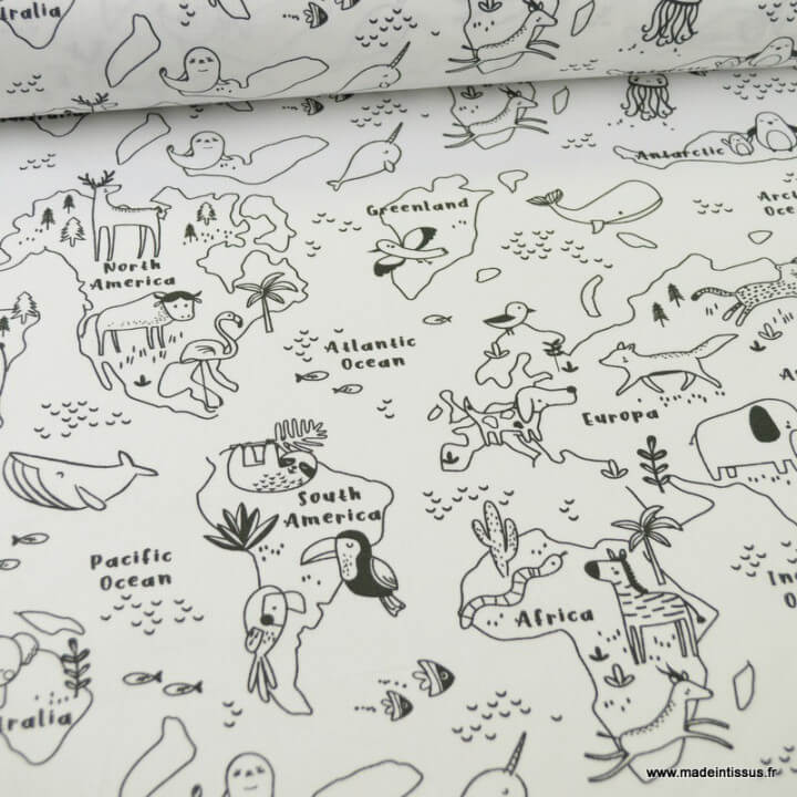 Tissu à colorier motifs map monde et animaux - Mapacolo - Oeko tex