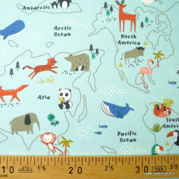 Tissu à colorier motifs map monde et animaux fond bleu - Mapzoo - Oeko tex