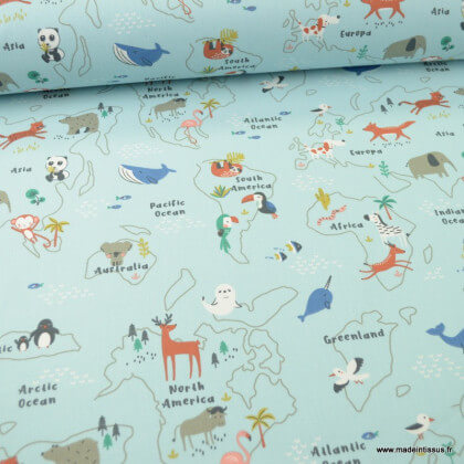Tissu à colorier motifs map monde et animaux fond bleu - Mapzoo - Oeko tex