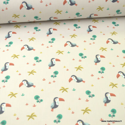 Tissu motifs toucans fond lin - Touna - Oeko tex