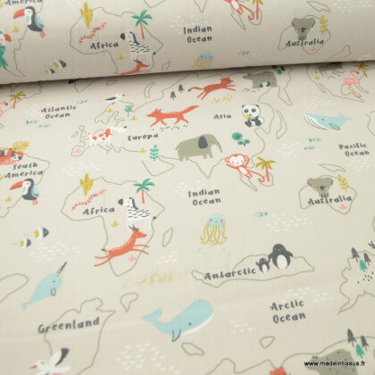 Tissu coton motifs map monde et animaux fond Grège - Mapzoo - Oeko tex