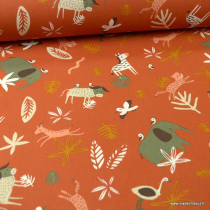 Tissu coton motifs animaux de la savane fond Terracotta - Gnou- Oeko tex