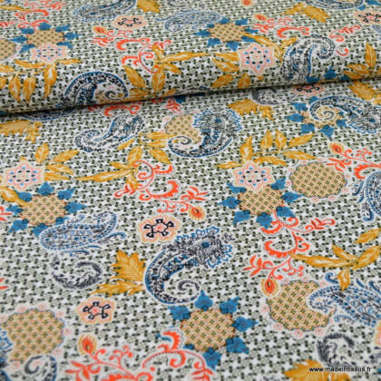 Tissu Viscose chally motifs cachemire saumon et turquoise