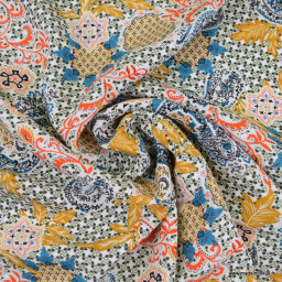 Tissu Viscose chally motifs cachemire saumon et turquoise