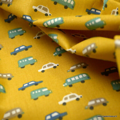 Tissu coton Luigi imprimé voiture fond moutarde - Oeko tex