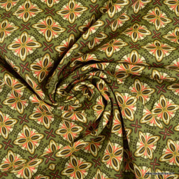 Tissu Popeline motifs rosaces fond kaki - oeko tex