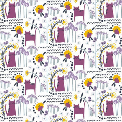 Tissu coton motifs chats et fleurs violet - Glory - Elsies Cat - Dusk Fabric - Cotton and Steel
