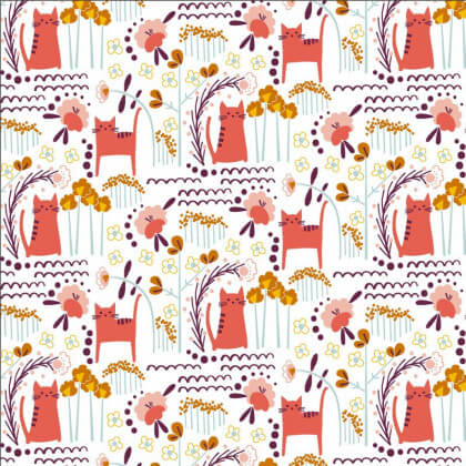 Tissu coton motifs chats et fleurs Corail- Glory - Elsies Cat - Sunrise Fabric - Cotton and Steel
