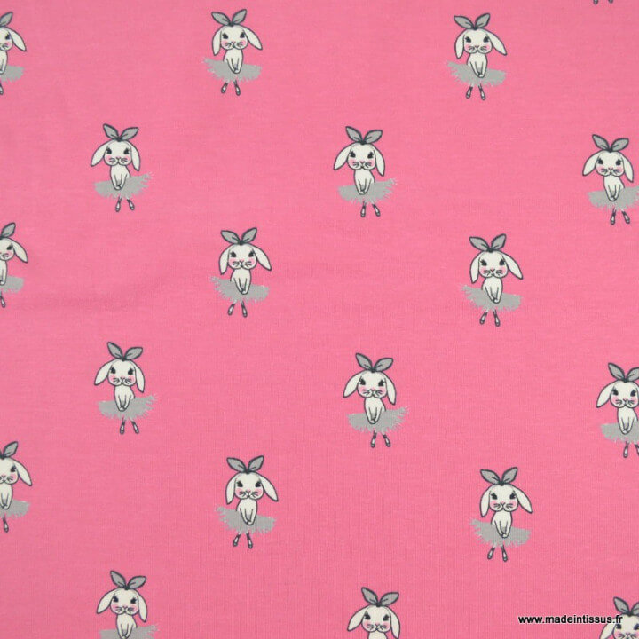 Tissu jersey motifs lapins fond rose - oeko tex