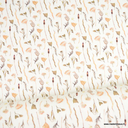 Tissu jersey Oeko tex motifs fleurs séchées fond blanc cassé