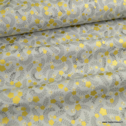 Tissu Popeline fleurs dorés fond gris - Robert Kaufman, collection Silverstone