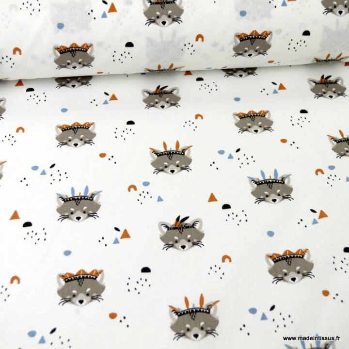 Tissu coton Rocket motifs raton laveur fond blanc - Oeko tex