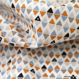 Tissu coton Arlymini motifs triangles ocre, bleu et blanc - Oeko tex