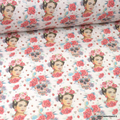 Tissu coton motif Frida, têtes de mort et fleurs - oeko tex