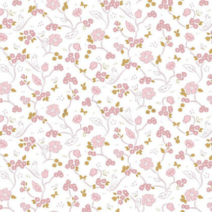 Tissu popeline Bio motifs fleurs et oiseaux fond Blanc, Gots - Romantic Flowers by Poppy