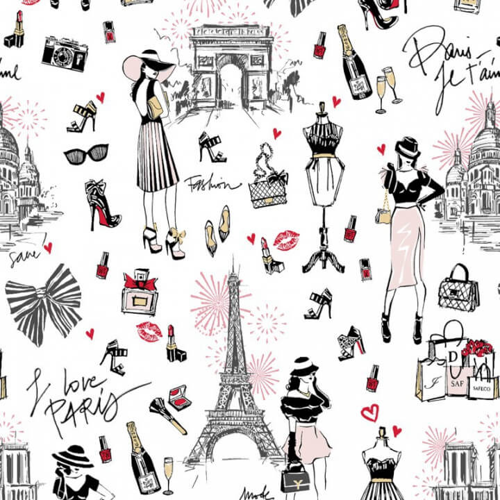 Tissu coton J'aime Paris fond Blanc motifs Tour Eiffel, arc de triomphe - Oeko tex