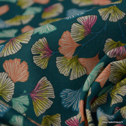 Tissu coton Enduit Aphrodite motifs fleurs Ginkgo fond Emeraude -  Oeko tex