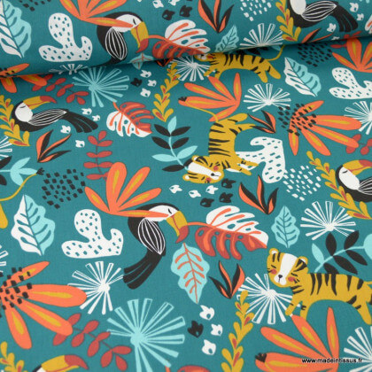Tissu Coton Kimang motifs Toucans et feuillage tropical fond emeraude-  Oeko tex