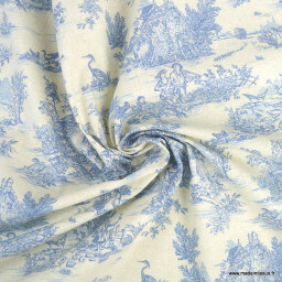 Tissu coton Mini Pastorale Toile de Jouy Lin et bleu - oeko tex