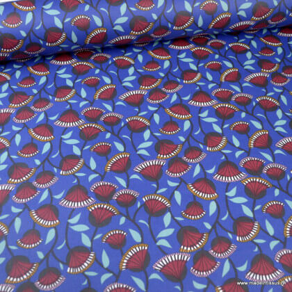Tissu coton Enduit Nyer motifs fleurs fond bleu outremer-  Oeko tex