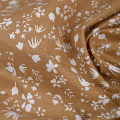 Tissu cretonne coton Gamina motifs fleurs fond cassonade - oeko tex