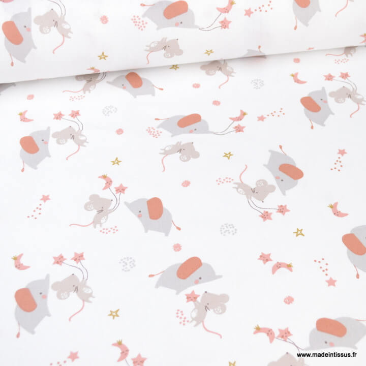 Tissu cretonne coton Merveil motifs souris et éléphants fond blanc - oeko tex