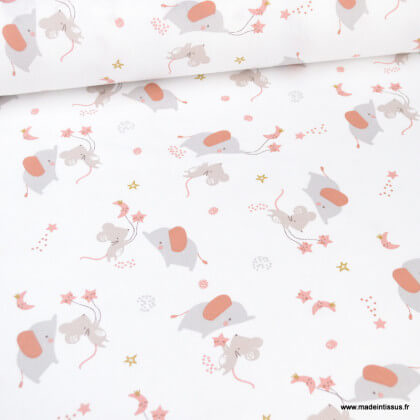Tissu cretonne coton Merveil motifs souris et éléphants fond blanc - oeko tex