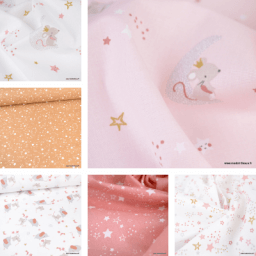 Tissu cretonne coton Lyra motifs étoiles roses et dorées fond blanc - oeko tex