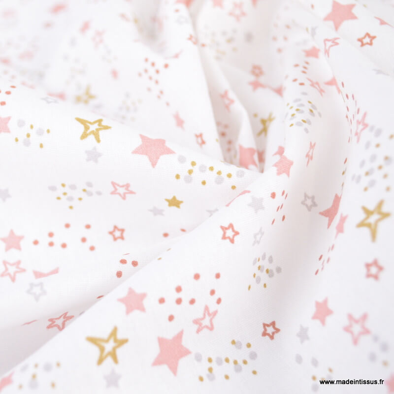 Tissu en coton Étoiles scintillantes (blanc-doré)