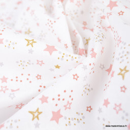 Tissu cretonne coton Lyra motifs étoiles roses et dorées fond blanc - oeko tex
