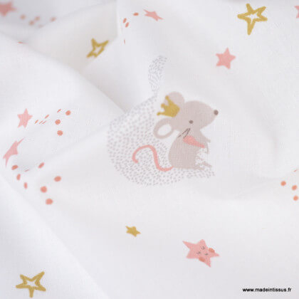 Tissu Bio cretonne coton Lena motifs étoiles, lunes et souris fond blanc fond blanc - Gots & oeko tex