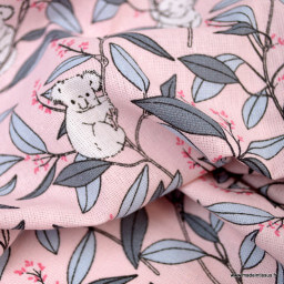 Tissu coton motifs Koalas fond rose - oeko tex