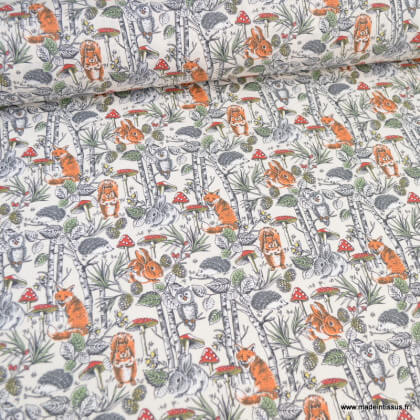 Tissu coton Joli Bois motifs animaux de la forêt fond crème - oeko tex