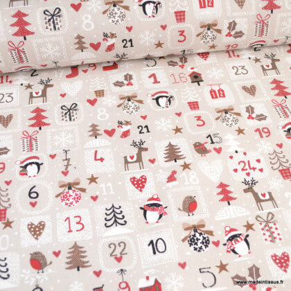 Tissu coton de Noël motif calendrier de l'avent fond beige - Oeko tex