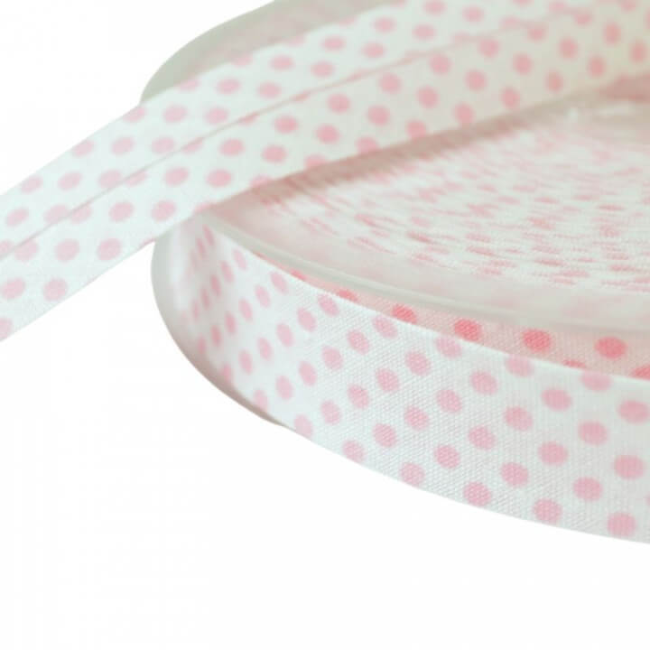 Biais replié 18 mm coton pois rose sur fond blanc