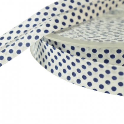 Biais replié 18 mm coton pois bleu marine sur fond blanc