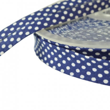 Biais replié 18 mm coton pois blanc sur fond bleu marine - Oeko tex