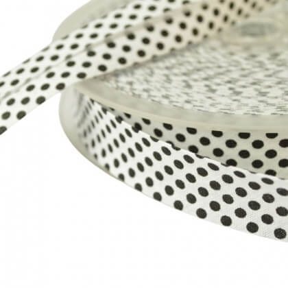 Biais replié 18 mm coton pois noir sur fond blanc