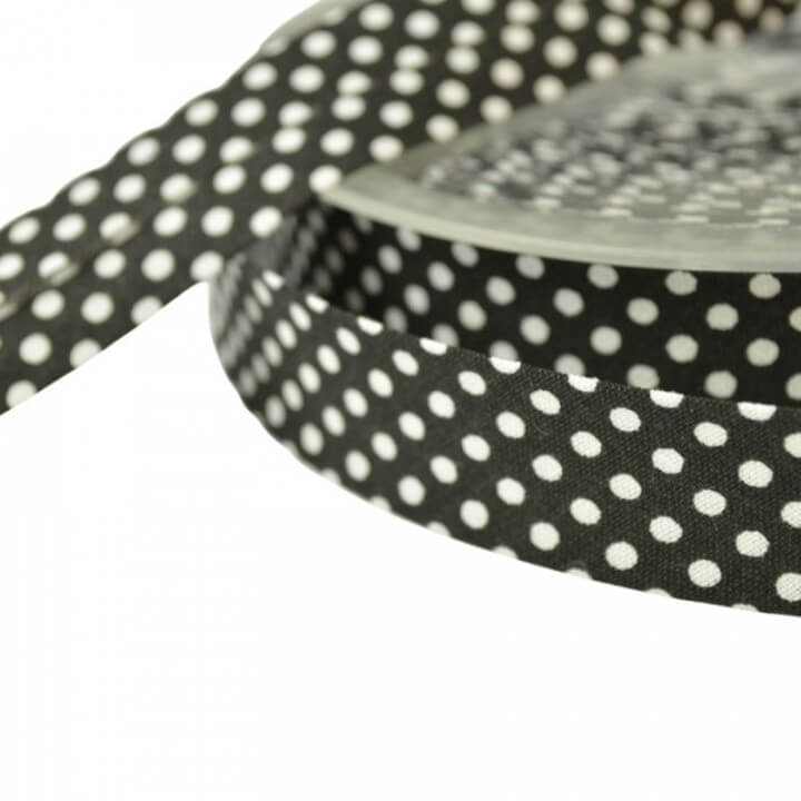 Biais replié 18 mm coton pois blanc sur fond noir - Oeko tex