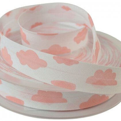Biais replié 18 mm coton imprimé Nuages Rose