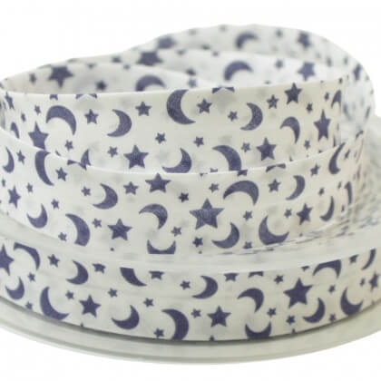 Tissu Biais replié 18 mm coton imprimé Etoiles et Lunes Bleu Marine