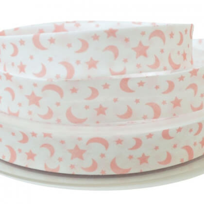 Tissu Biais replié 18 mm coton imprimé Etoiles et Lunes Rose