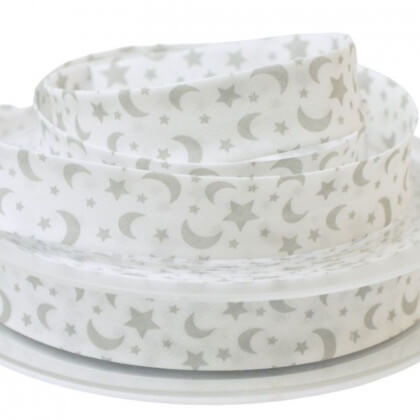 Tissu Biais replié 18 mm coton imprimé Etoiles et Lunes Gris