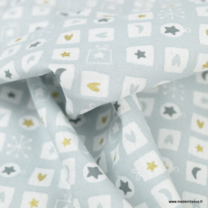 Tissu coton Offrir motifs boules, sapins et cadeaux de noel Or et gris - Oeko tex