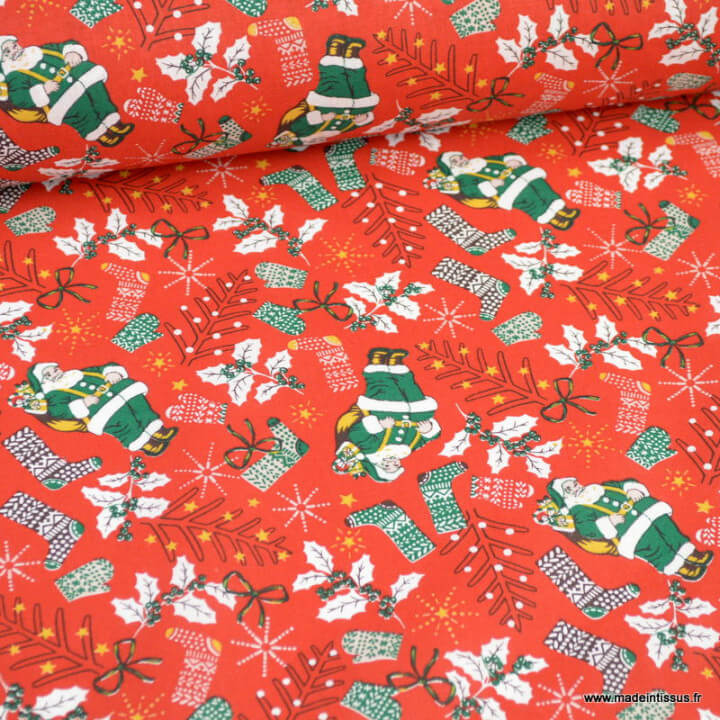 Tissu coton  motifs Pères Noël fond rouge - Oeko tex