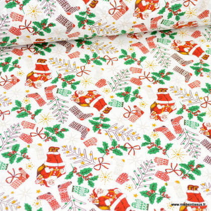 Tissu coton  motifs Pères Noël fond blanc - Oeko tex