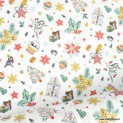 Tissu coton Gift Flocon motifs de Noël fond blanc - Oeko tex
