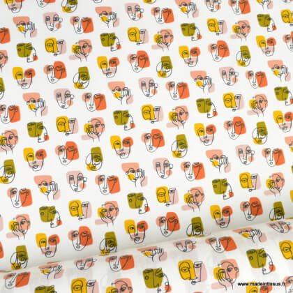 Tissu coton Pablo motifs visages fond blanc - Oeko tex