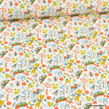 Tissu coton Neverland motifs fleurs et animaux fond blanc - Oeko tex