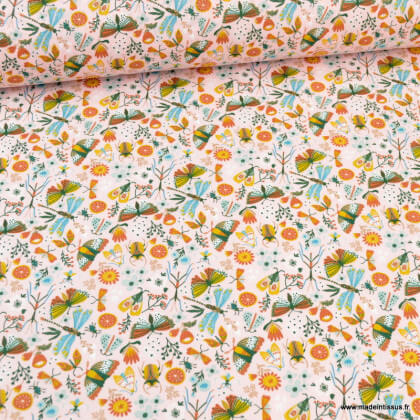 Tissu coton Neverland motifs fleurs et animaux fond rose - Oeko tex